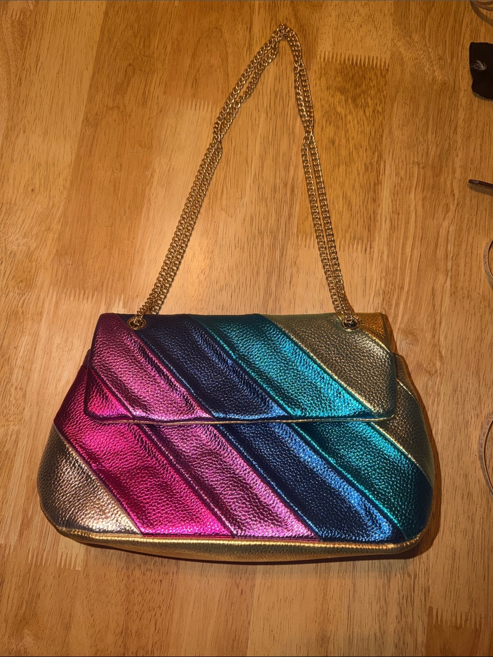 Metallic Rainbow Chevron Shoulder Bag with Gold Chain Strap
